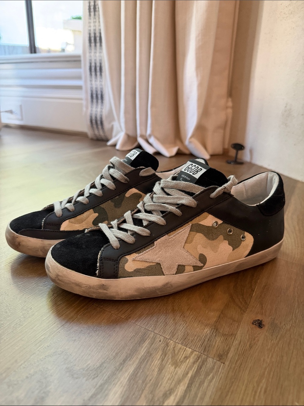 Golden Goose Men’s Superstar Camo Star Sneakers in Olive, Beige & Black